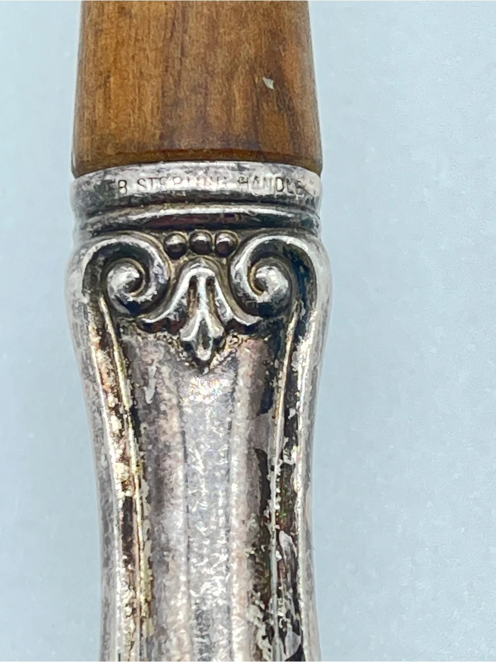 Vintage WEB wooden salad serving fork with ornate STERLING silver  handle.